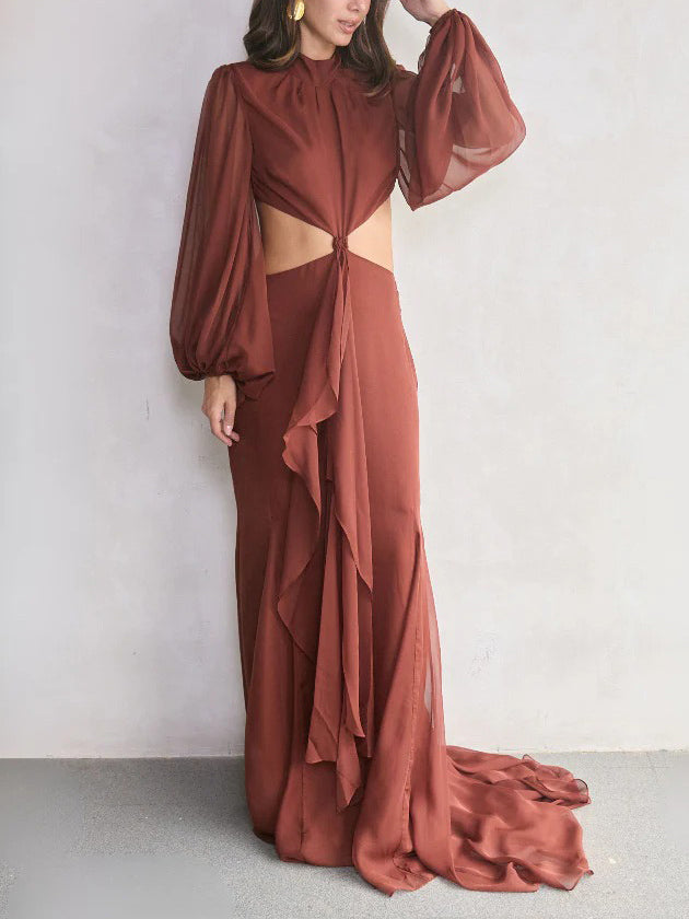 Elegant Cutout High-Neck Long-Sleeved Ruffled Maxi Dress