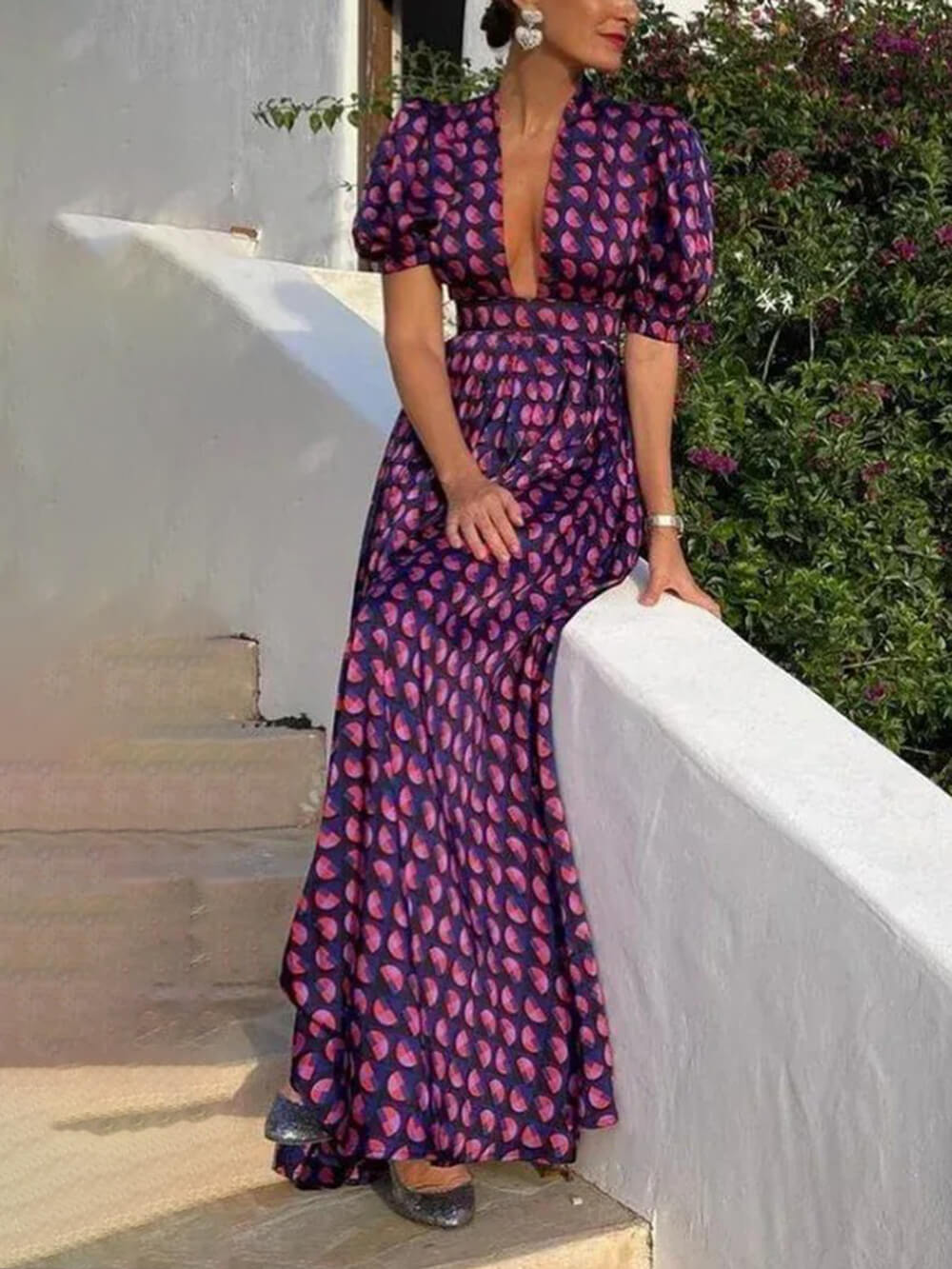 Retro Floral Printed Puff Sleeve Loose A-Line Maxi Dress