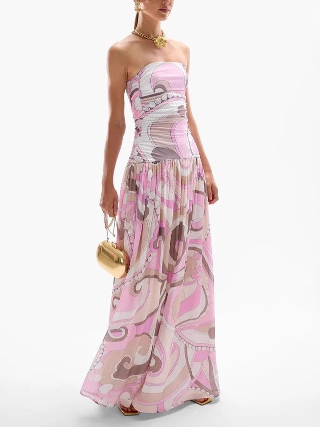 Elegant Swirl Vintage Print Drop Waist Maxi Dress