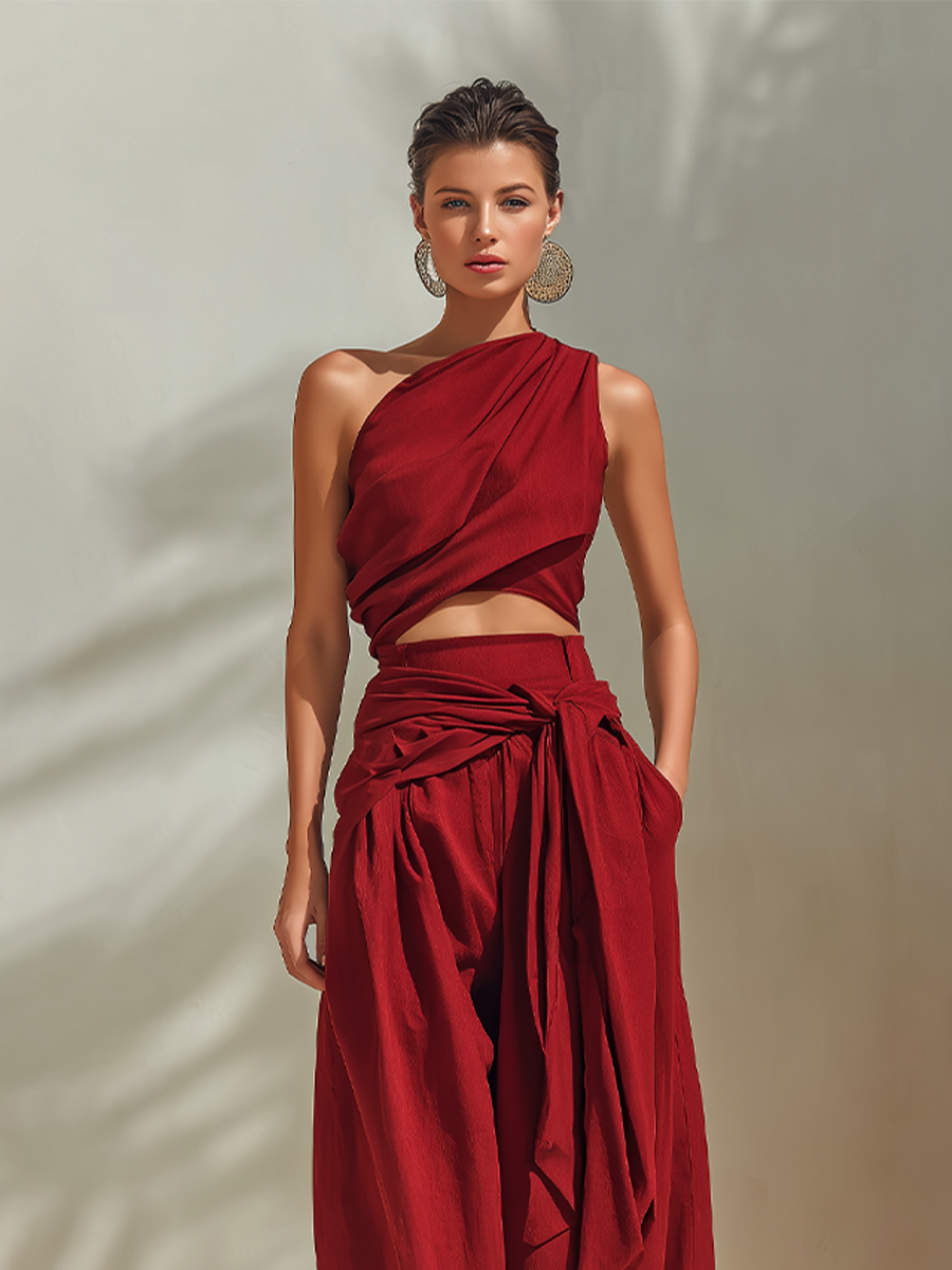 Women's Red Textured Fabric Set With One-Shoulder Crop Top & Draped Waist Detail, Timeless Resort-Chic Style Set