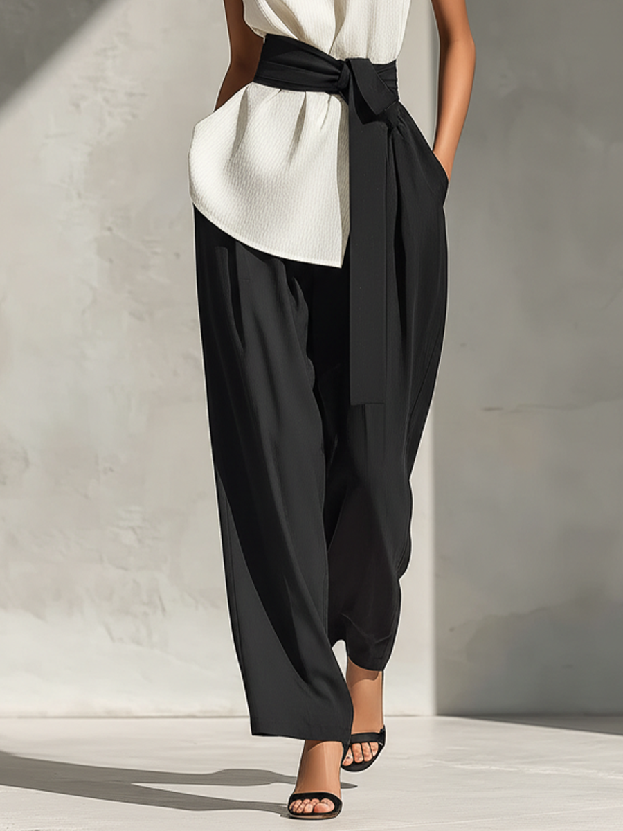 Women's White Sleeveless Top & Black Wide-Leg Pants Two-Piece Set With Contrast Belt