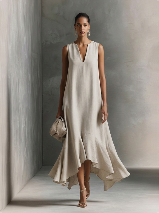 Women's Beige Cotton Dress With Split V-Neck & Asymmetric Ruffle Hem, Timeless Minimalist-Elegant Style Dress