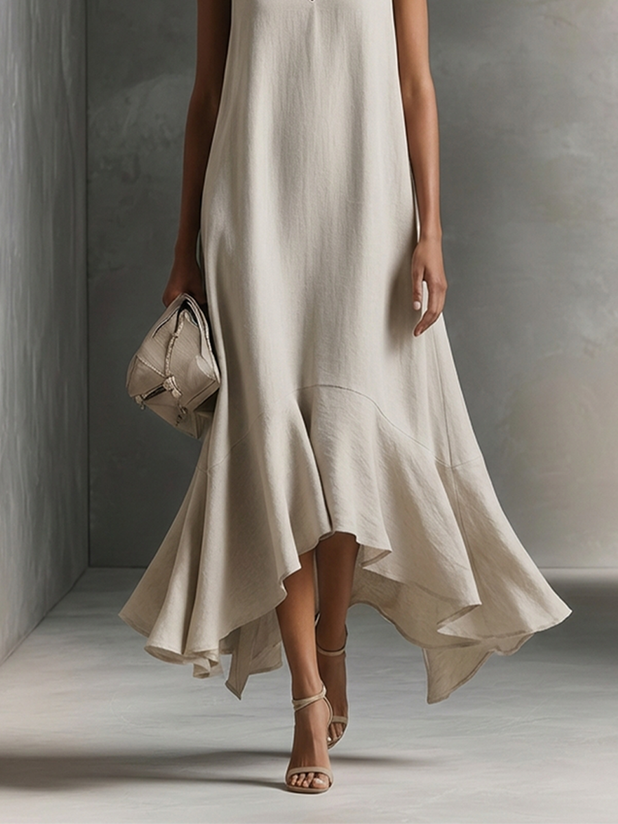 Women's Beige Cotton Dress With Split V-Neck & Asymmetric Ruffle Hem, Timeless Minimalist-Elegant Style Dress