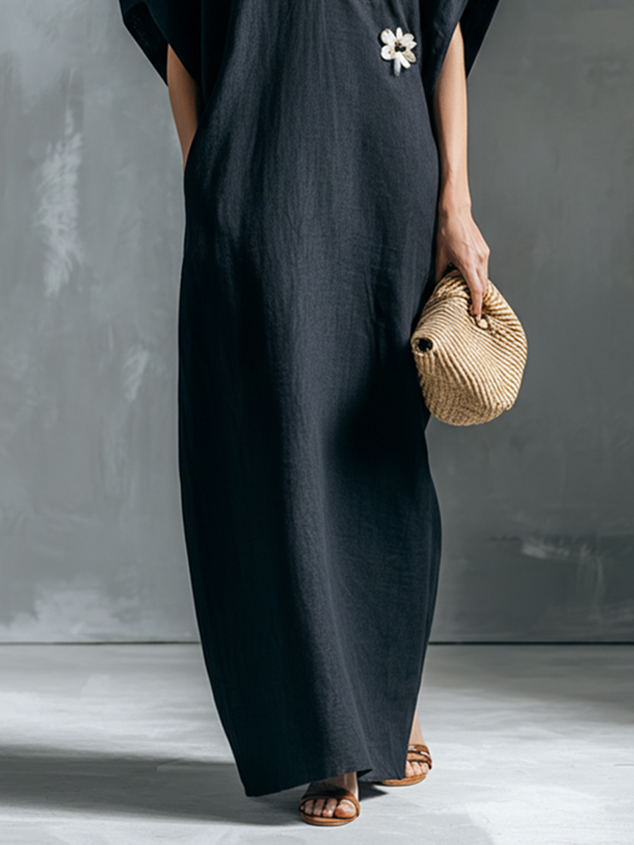 Women's Fashionable Navy Blue Cotton Linen V-Neck Short-Sleeved Side-Slit Long Dress