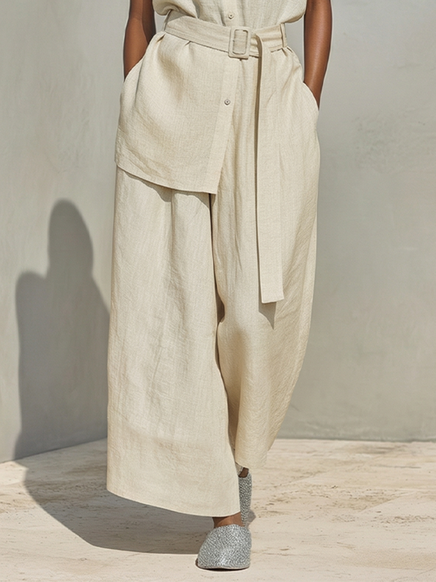 Women's Oatmeal Linen Two-Piece Set With Sleeveless Button-Down Shirt & High-Waisted Wide-Leg Pants, Timeless Minimalist-Resort Style Set