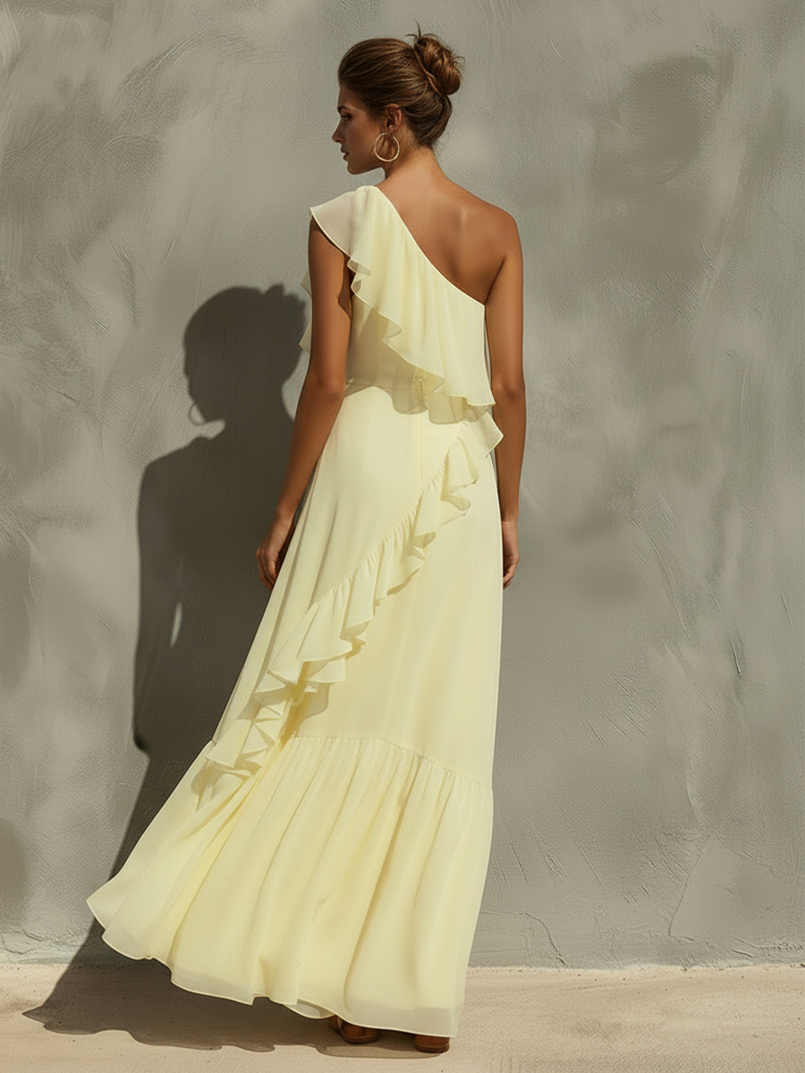 Women's Pale Yellow Chiffon Maxi Dress With One-Shoulder Ruffle & Tiered Flowy Skirt, Timeless Romantic-Resort Style Dress