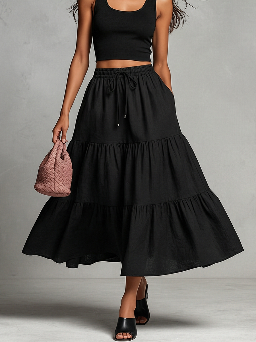 Women's Black Linen Two-Piece Set With Cropped Tank Top & Tiered Maxi Skirt, Timeless Casual-Resort Style Set