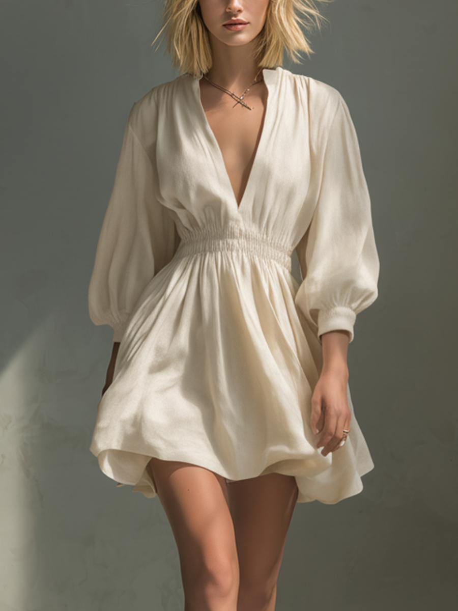 Women’s Ivory Linen-Blend Deep V-Neck Balloon Sleeve Smocked Waist Short Tulip Dress