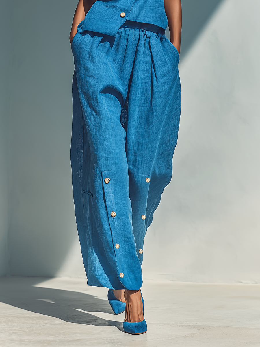 Women’s Blue Linen-Blend Spaghetti Strap Asymmetrical Button Top & High-Waisted Wide-Leg Pants Two-Piece Set