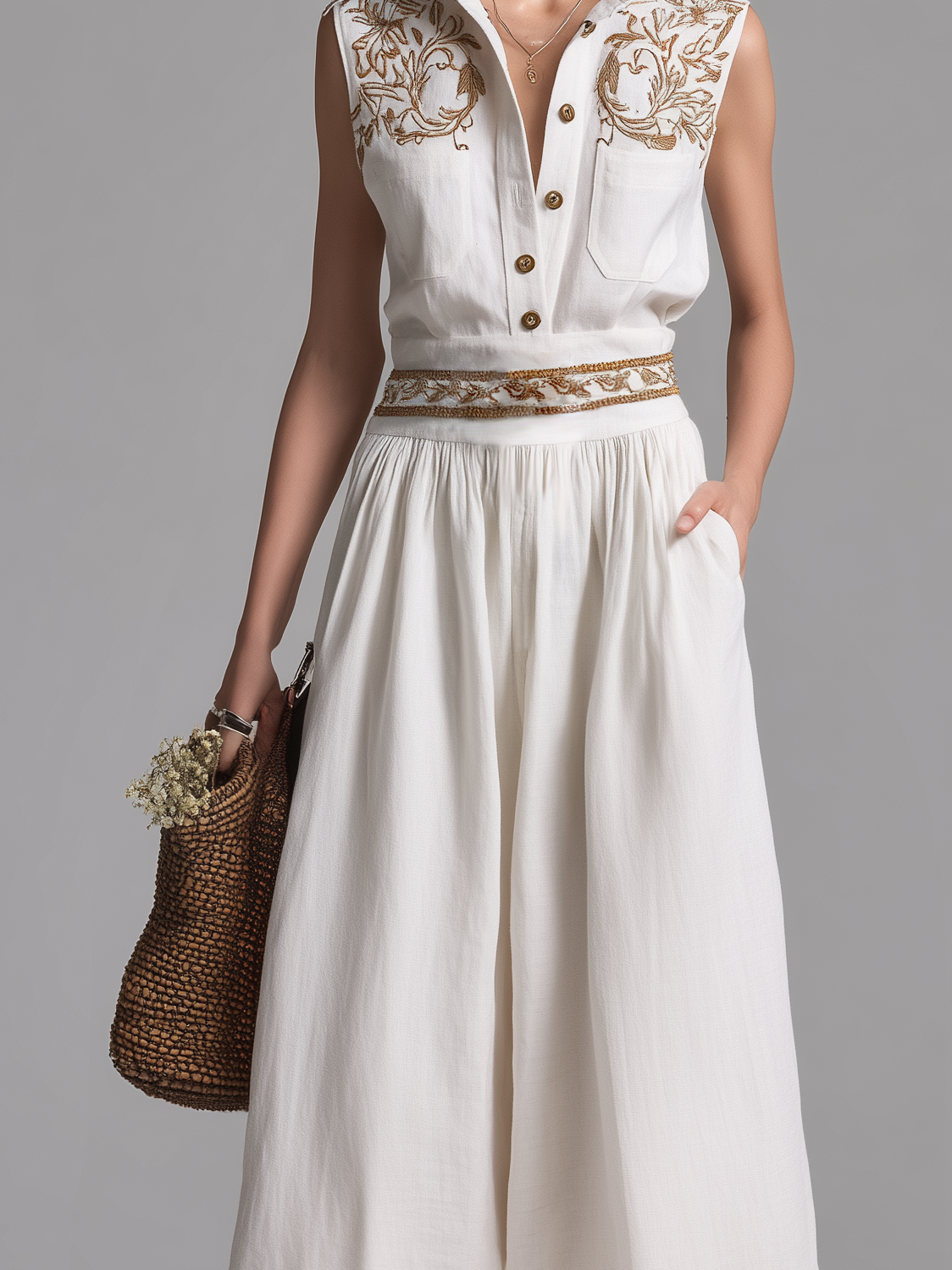 Women's Elegant White Embroidered Cotton-Linen Jumpsuit — Collared & Sleeveless