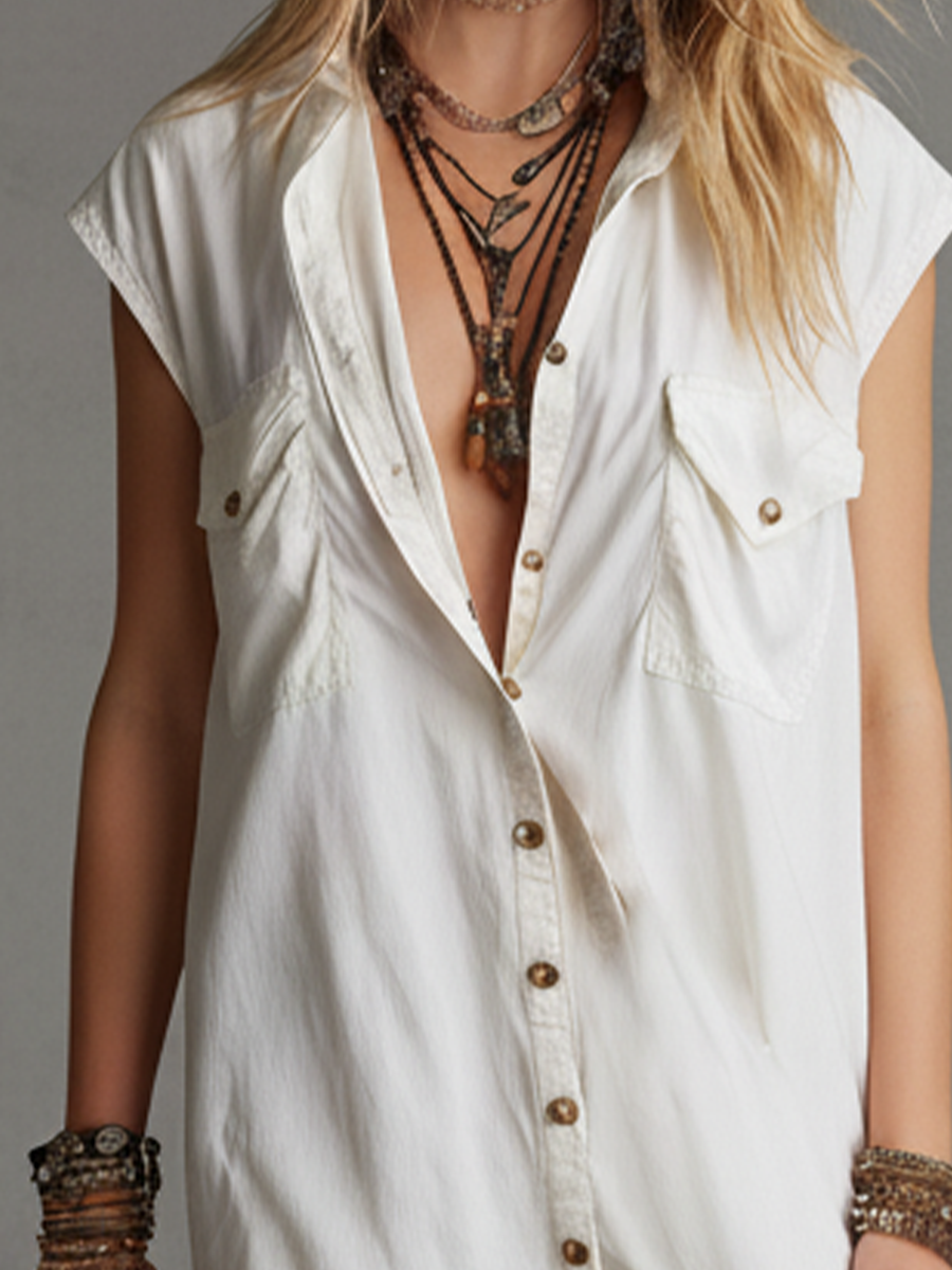 Women’s Off-White Linen-Blend Cap Sleeve Button-Down High-Low Shirt Dress With Pockets
