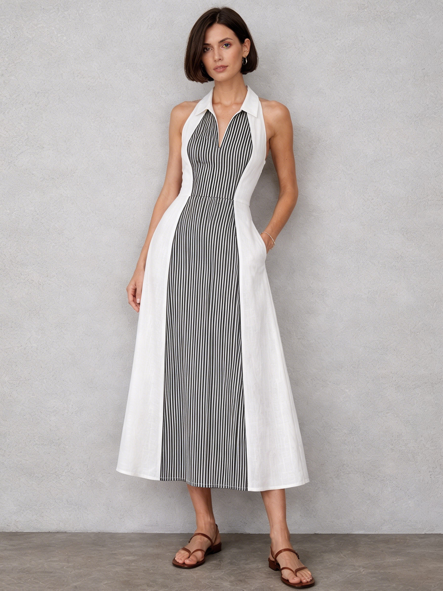 Women's Minimalist Striped Patchwork Sleeveless Midi Dress