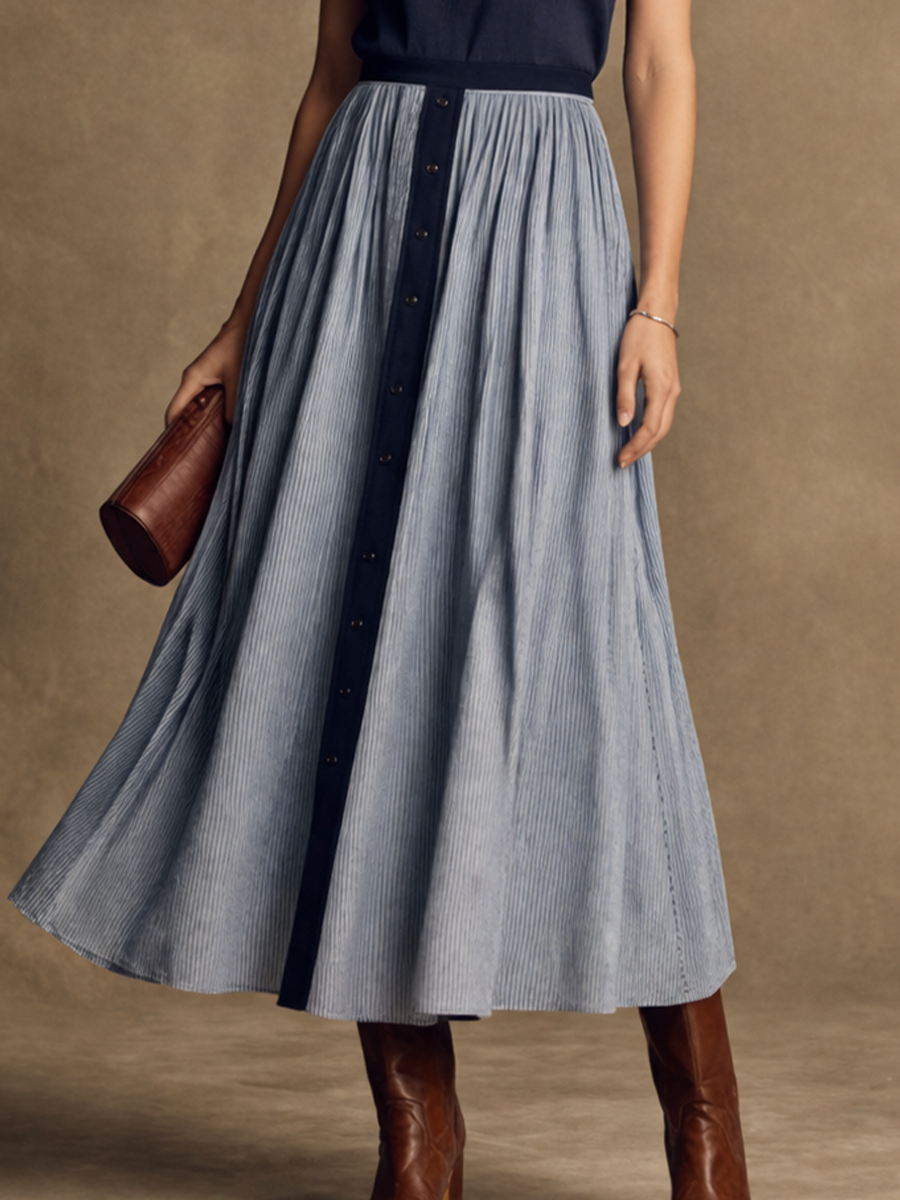 Women's Vintage Navy Cotton-Linen Sleeveless Maxi Dress With Blue And White Striped Panel