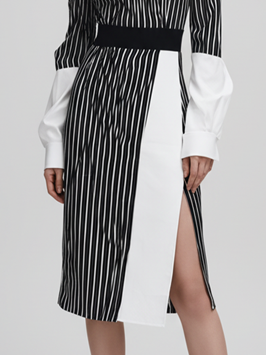 Women's Fashionable White Cotton Blend Fabric Patchwork Black And White Striped Off-shoulder Slit Midi Dress