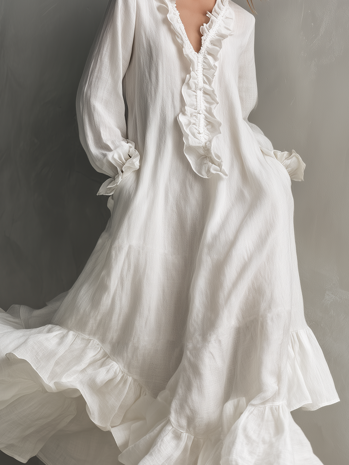 Women's Casual White Cotton Linen V-neck Long-sleeved Loose-fitting Maxi Dress With Lining