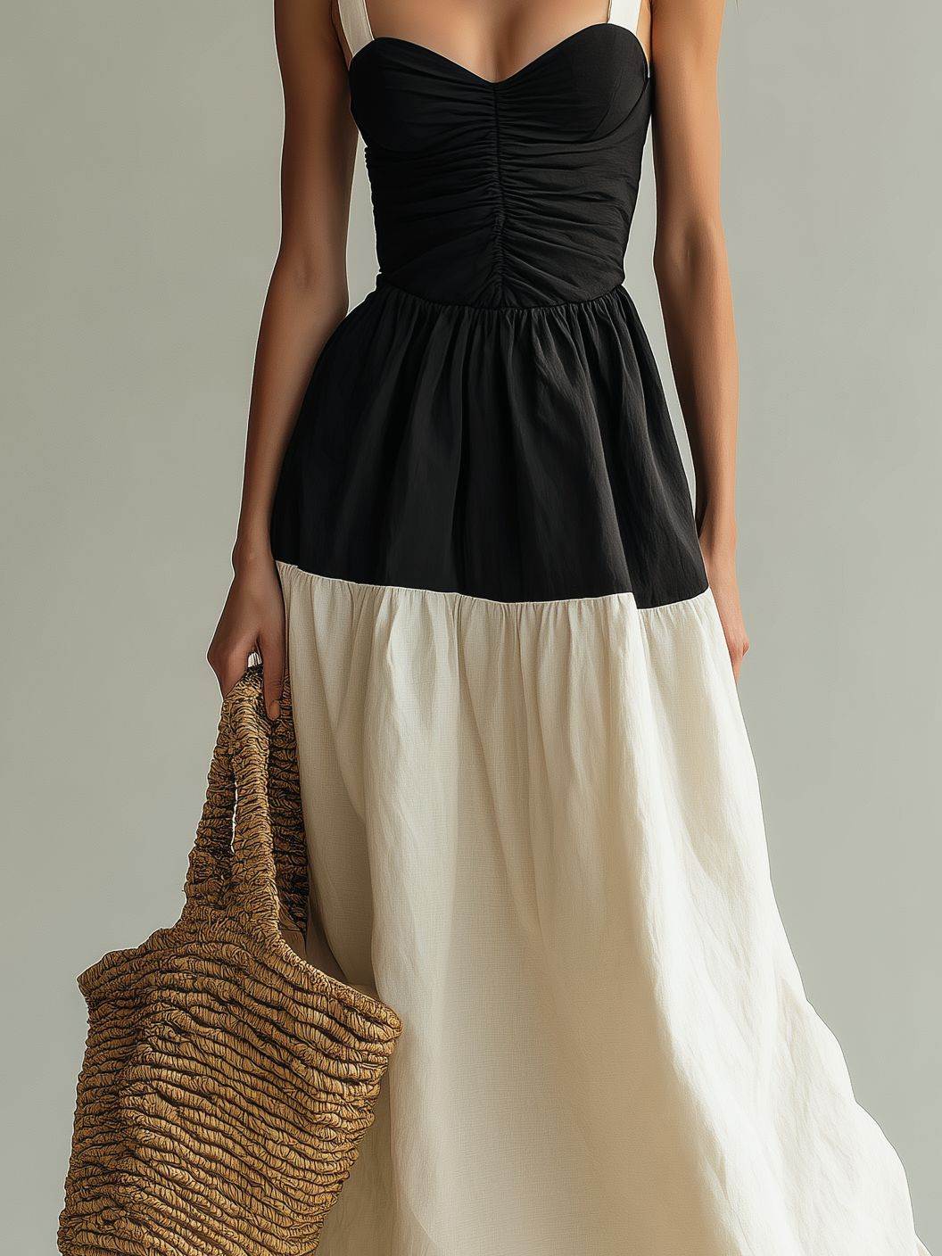 Women's Elegant Black & White Woven Maxi Dress — Square Neck, Sleeveless