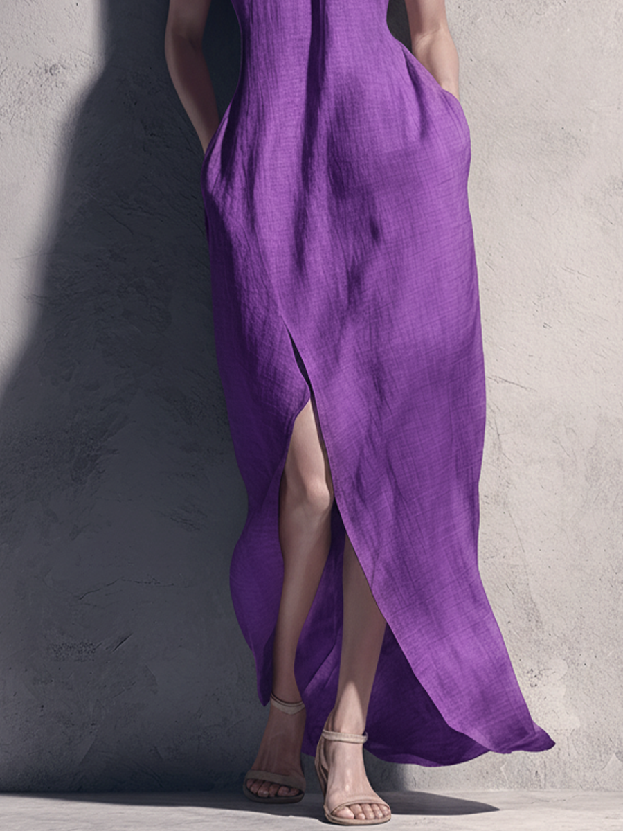Women's Resort-style Purple Cotton And Linen Halter Neck Slit Maxi Dress