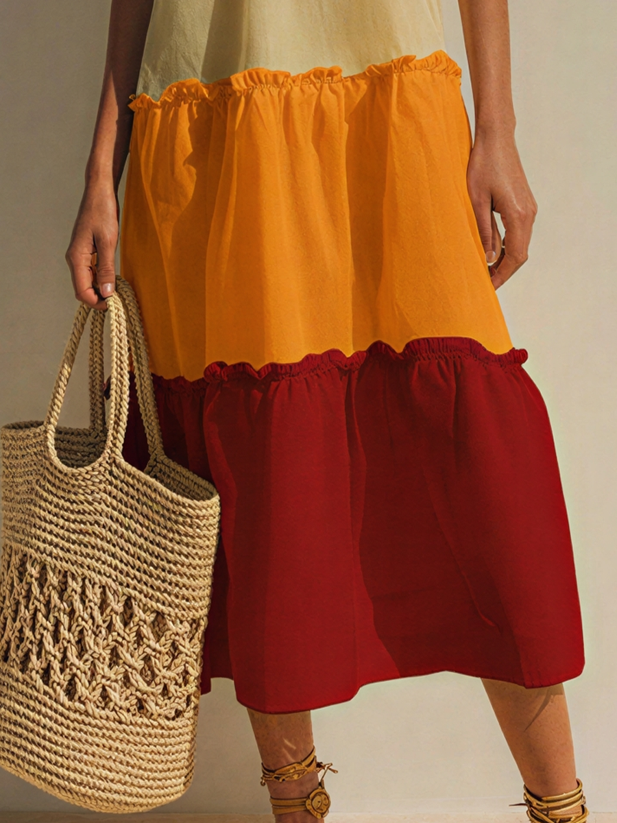 Women’s Cream Orange Red Colorblock Ruffle Hem Halter Neck Tiered Midi Dress