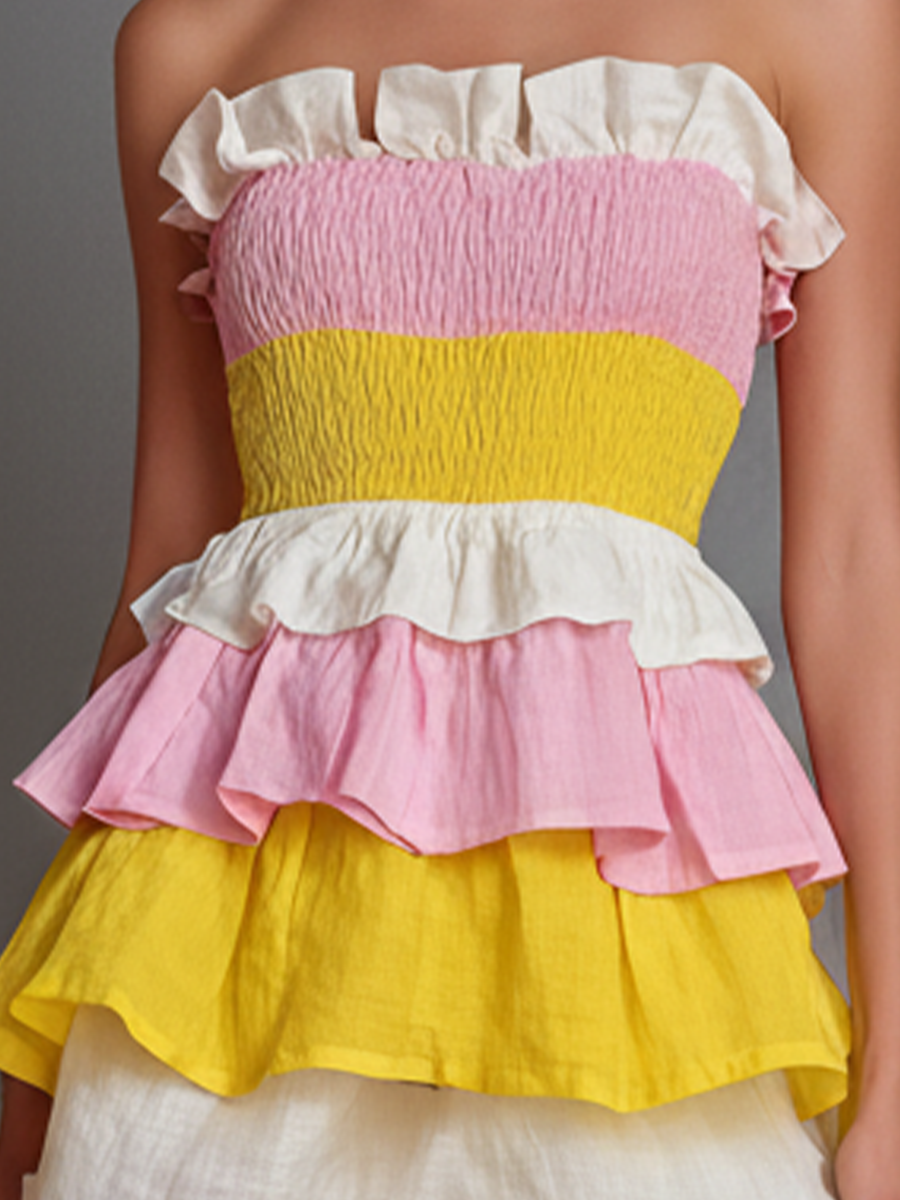 Women’s Pink Yellow White Colorblock Smocked Strapless Ruffle Tiered Linen Mini Dress