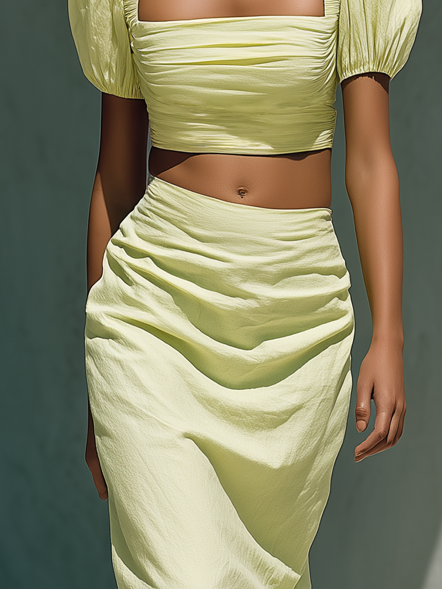 Women’s Light Lime Green Linen-Blend Square Neck Puff Sleeve Crop Top & Ruched Midi Skirt Two-Piece Set