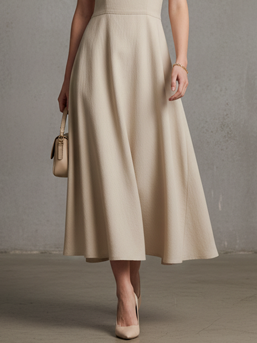 Women'S Simple White And Khaki Cotton-Blend Paneled Faux Two-Piece Midi Slip Dress