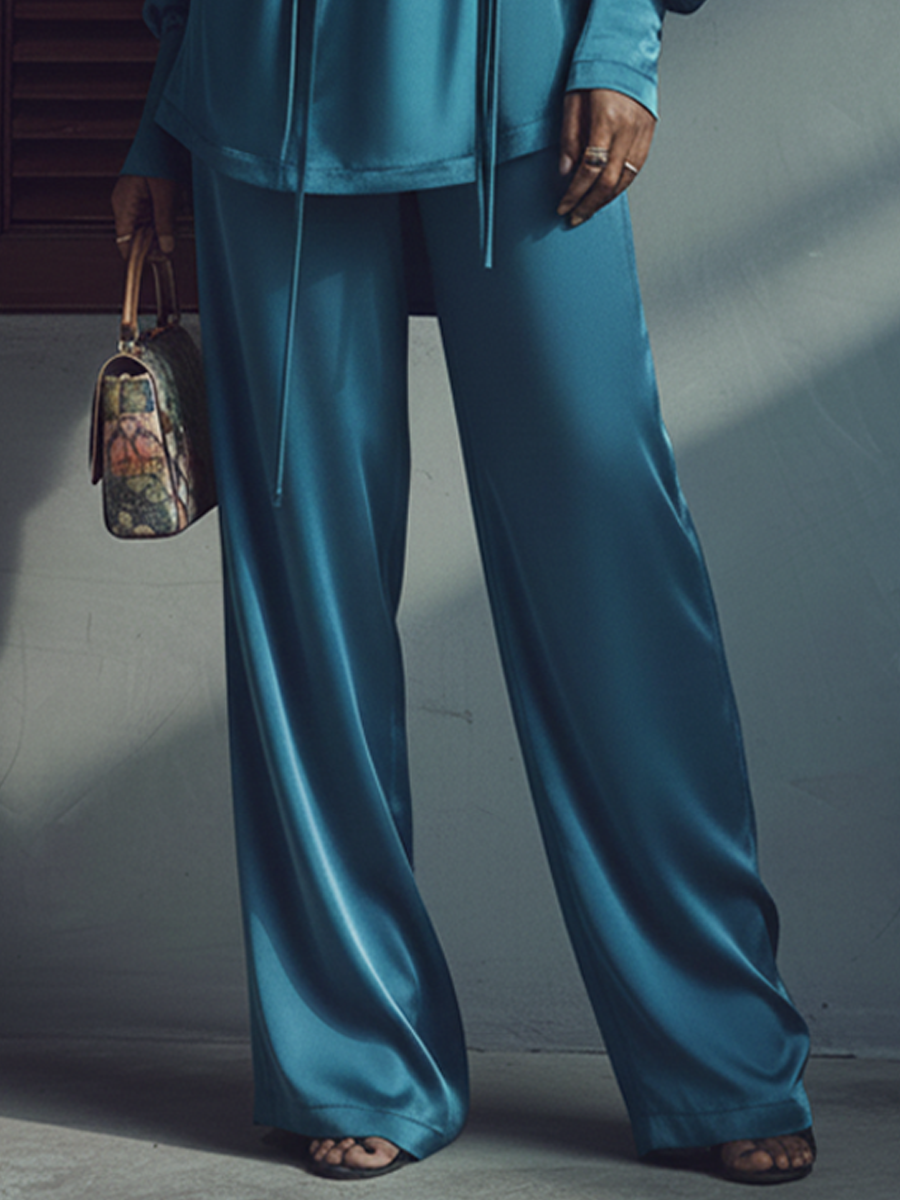 Women's Elegant Blue Satin Drawstring Top And Wide-Leg Pants Set