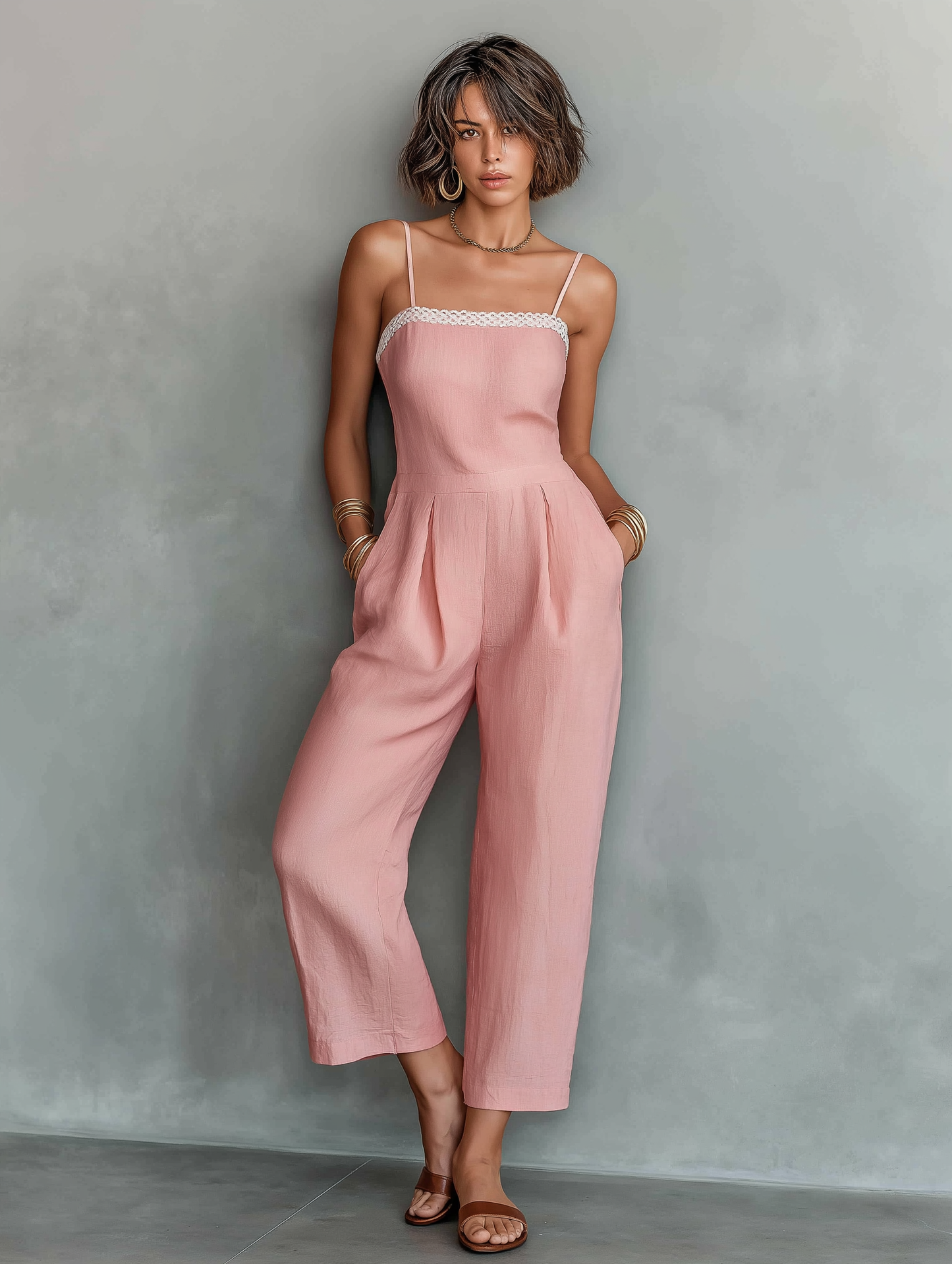 Women's Minimalist Linen-Blend Strappy Straight-Leg Cropped Jumpsuit
