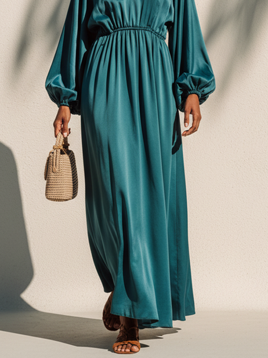 Women's Elegant Blue-Green Satin Lantern Sleeve V-Neck Long Dress