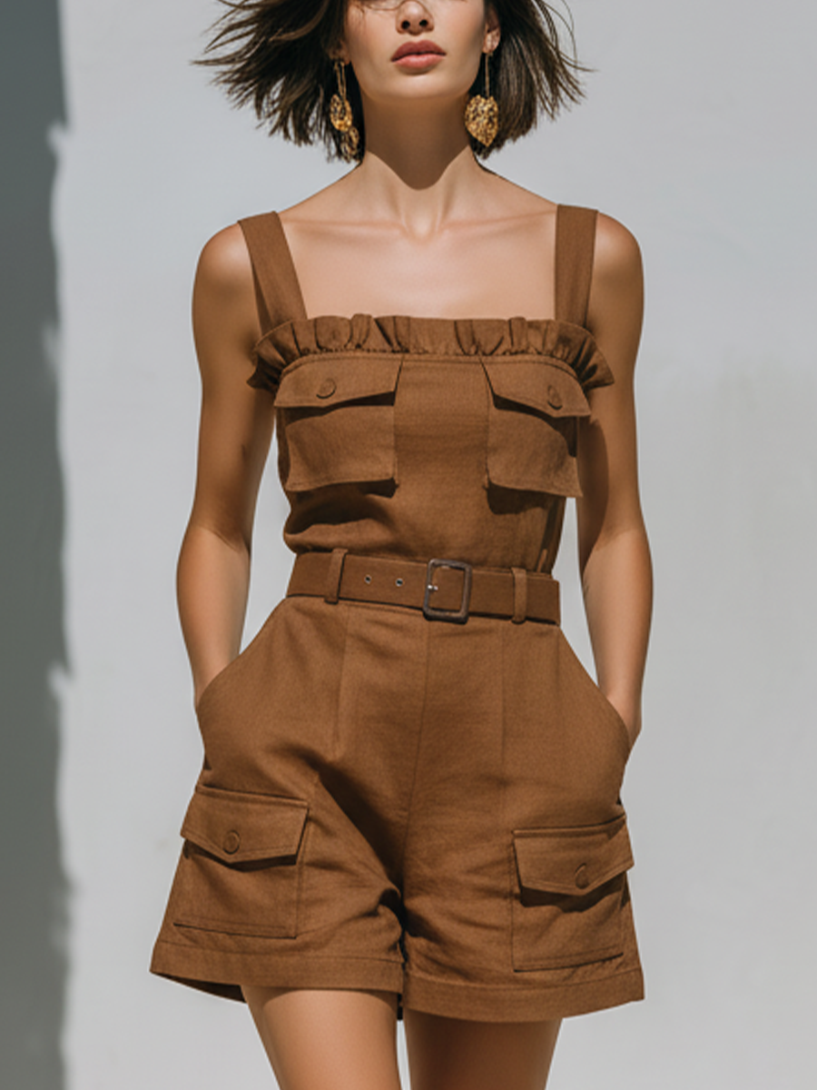 Women’s Chocolate Brown Linen-Blend Ruffle Trim Square Neck Belted Cargo Romper