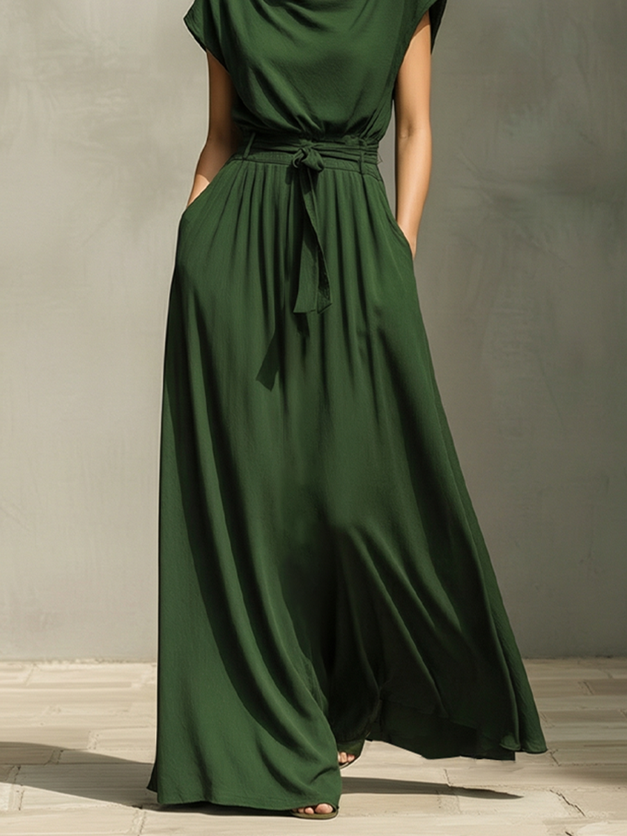 Women's Dark Green Cotton Dress With Cowl Neck & Belted Waist, Timeless Elegant-Resort Style Dress