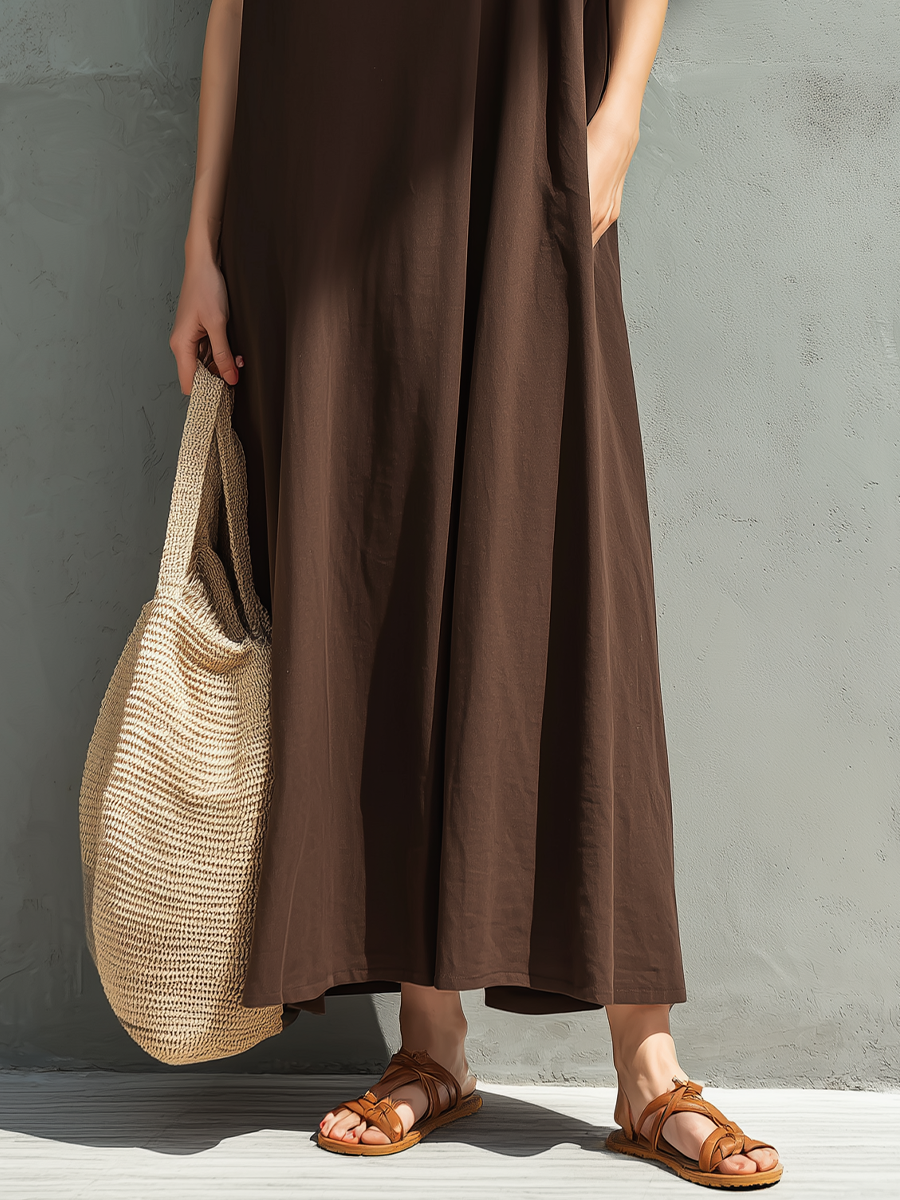 Women’s Boho Brown Linen-Blend Sleeveless V-Neck Oversized Flowy Maxi Dress
