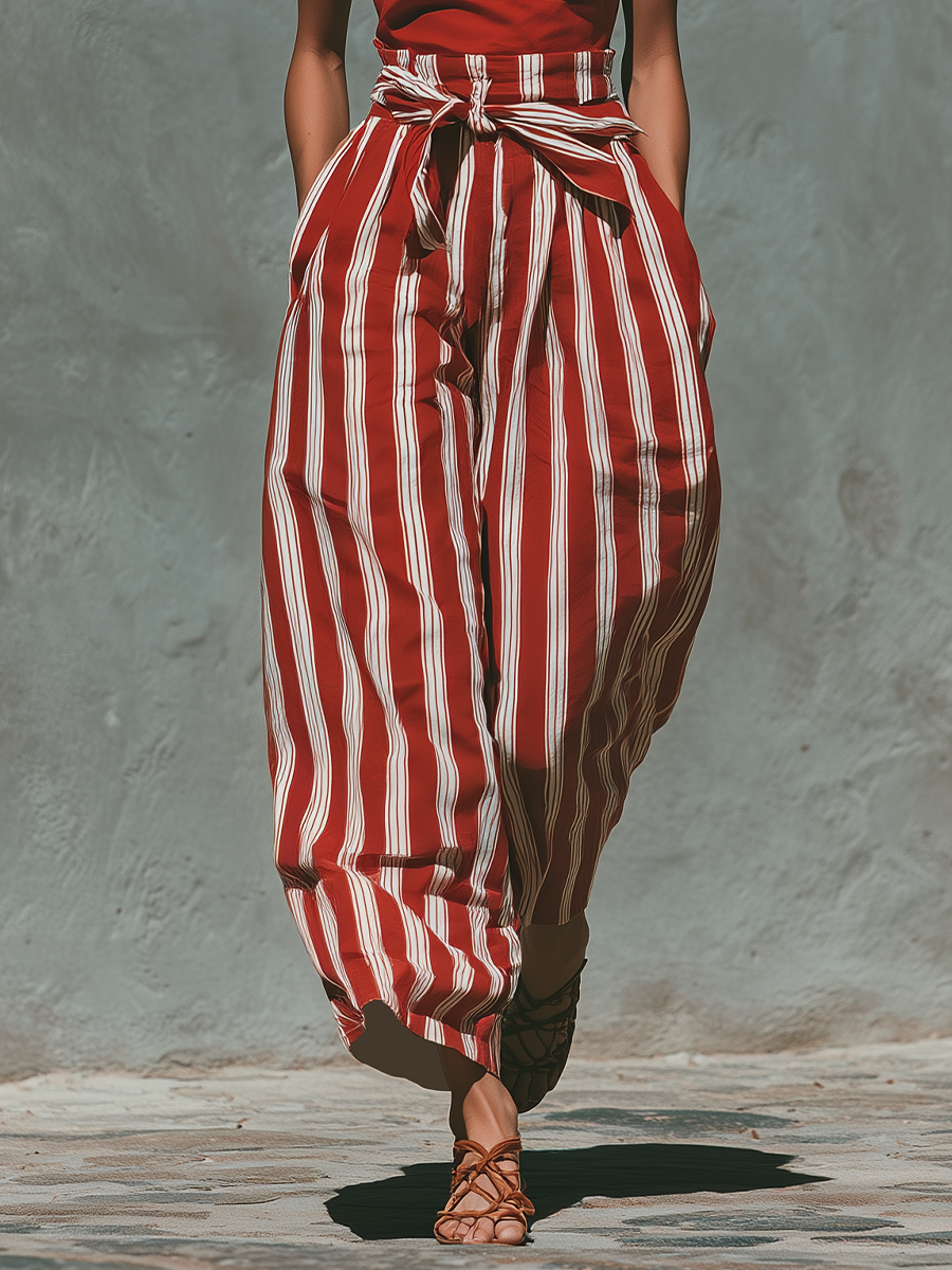 Women’s Red Linen-Blend Square Neck Spaghetti Strap Crop Top & Red White Stripe High-Waisted Wide-Leg Pants Two-Piece Set