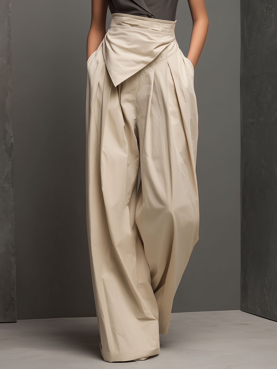 Women’s Dark Gray Shawl Collar Sleeveless Top & Beige High-Waisted Wide-Leg Pants Two-Piece Set