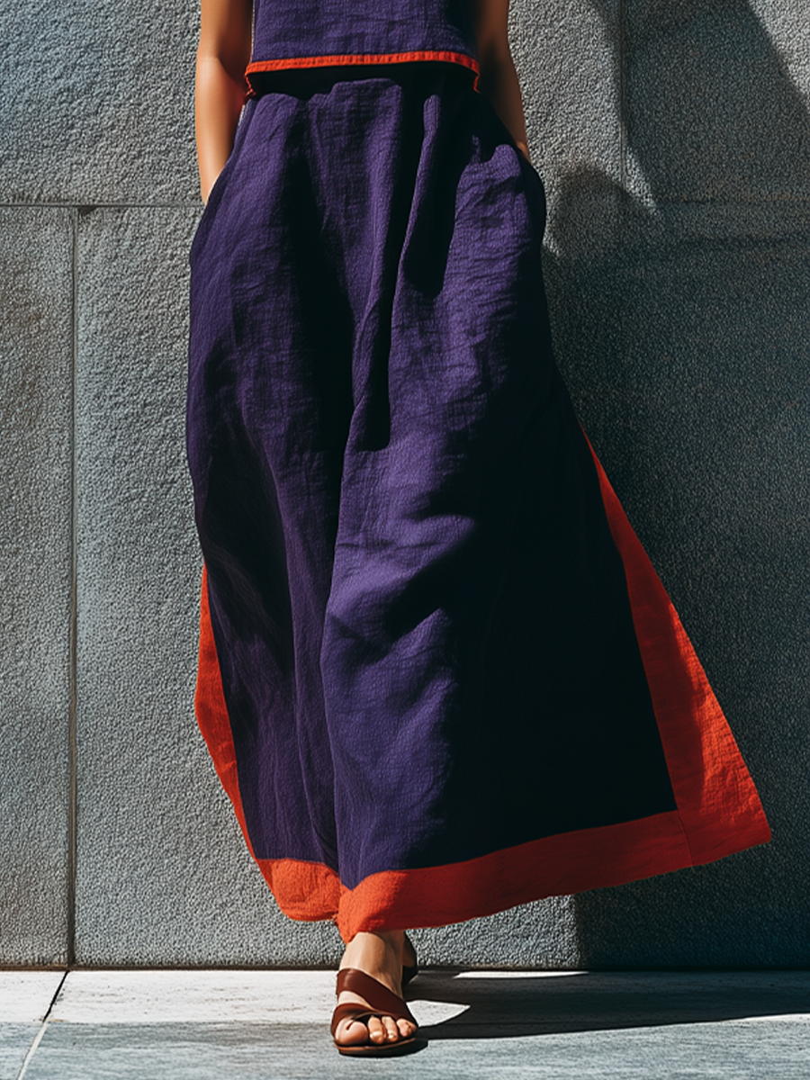 Women's Deep Purple Linen-Blend Set: Crew-Neck Sleeveless Top With Contrast Trim And Matching Skirt