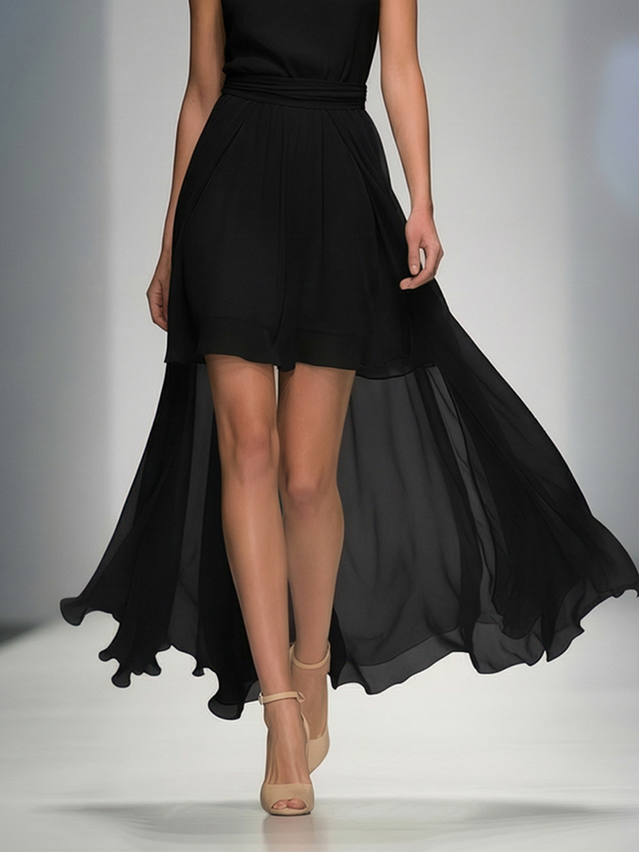 Women's Black Chiffon High-Low Midi Dress With Spaghetti Straps & Belted Waist, Timeless Elegant-Evening Style Dress