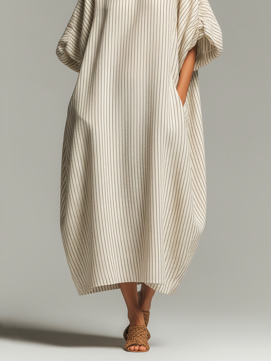 Women's Beige Striped Cotton-Blend Maxi Dress With Boat Neck & Gathered Cuffs, Timeless Minimalist-Resort Style Dress