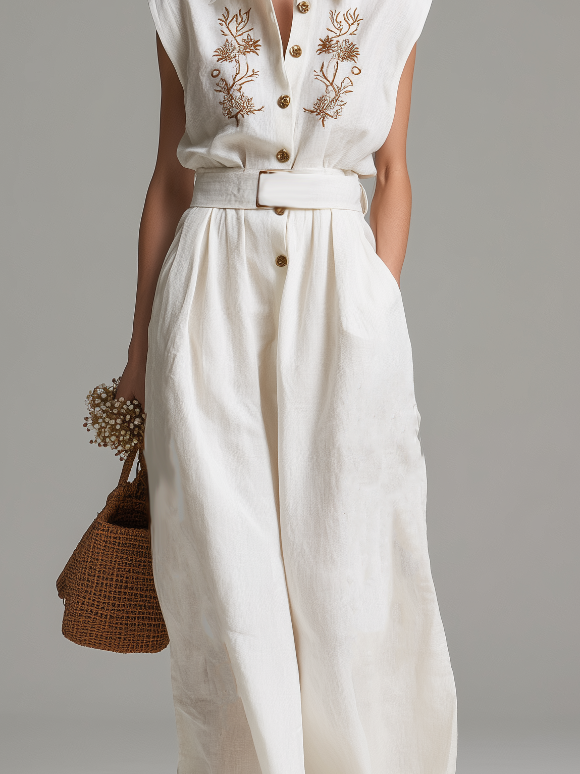 Women's Casual White Cotton-Linen Sleeveless Jumpsuit With Embroidered Shirt Collar