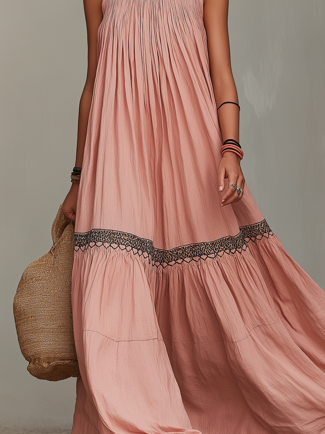 Women's Casual Grey-Pink Cotton-Linen Maxi Dress — Embroidered, Round Neck, Sleeveless, Loose Fit