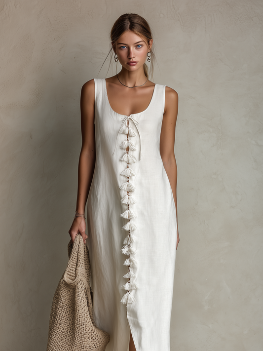 Women's Casual White Cotton-Linen Sleeveless Maxi Dress With Boat Neck