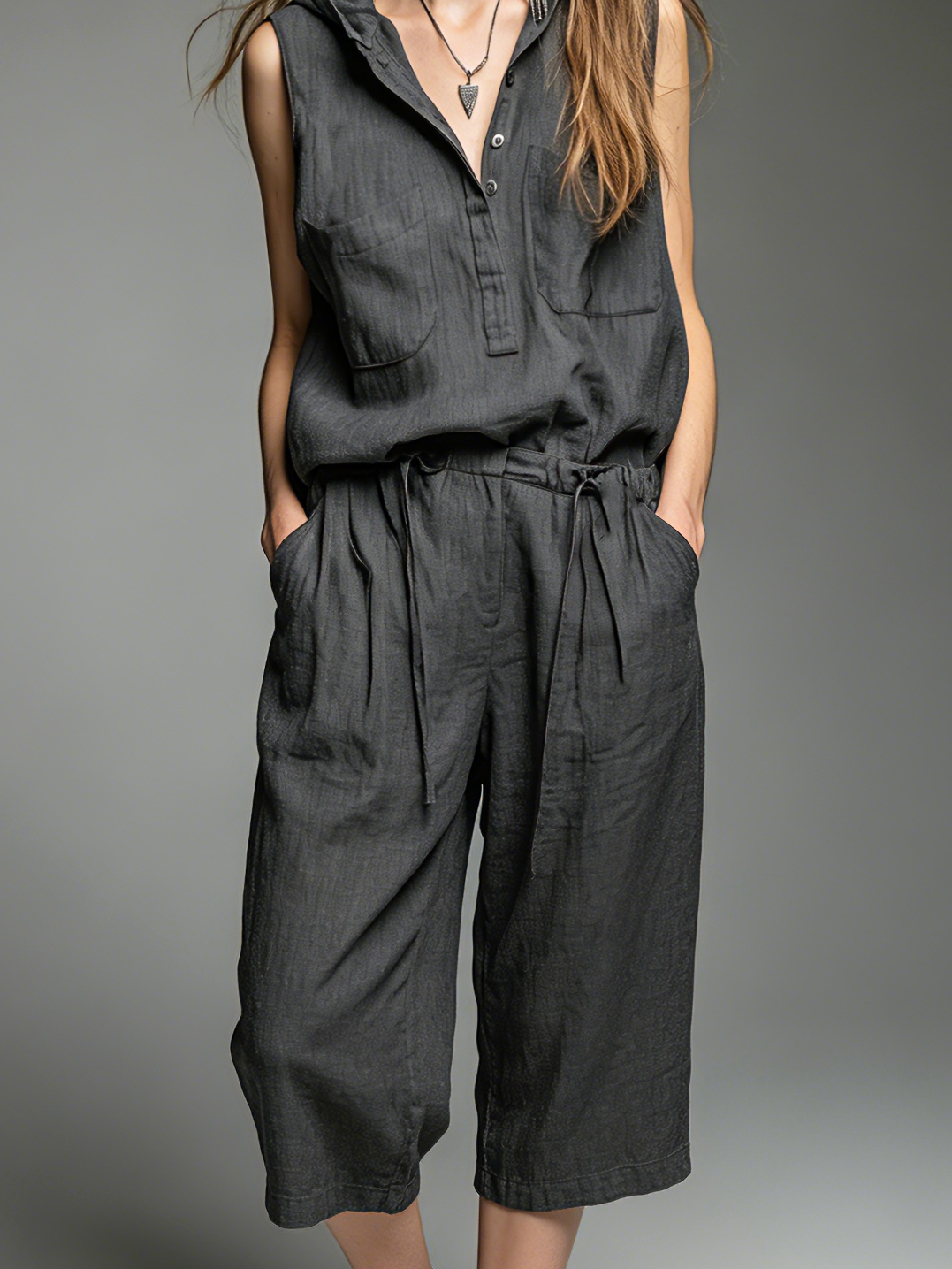 Women's Casual Dark Gray Cotton-Linen Hooded Sleeveless Jumpshorts