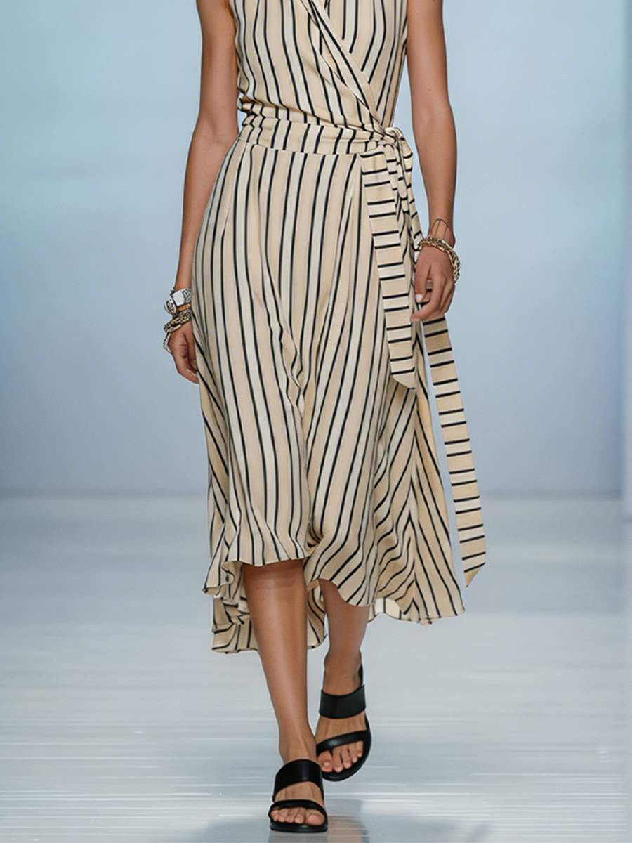 Women's Beige Striped Lightweight Chiffon Dress With Sleeveless Silhouette & High-Low Hem, Modern Feminine-Chic Style Dress