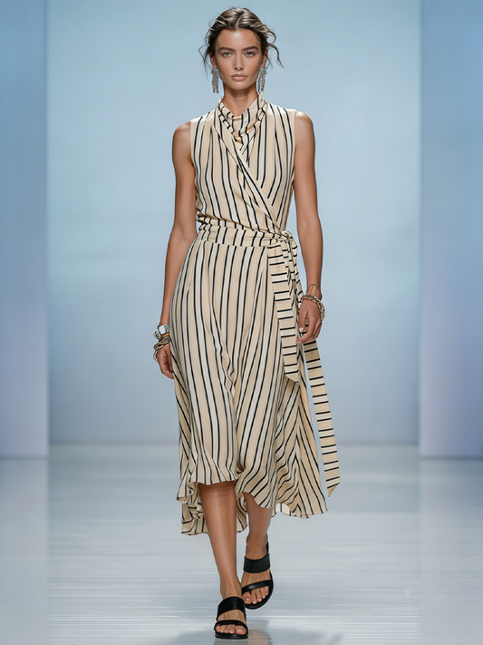 Women's Beige Striped Lightweight Chiffon Dress With Sleeveless Silhouette & High-Low Hem, Modern Feminine-Chic Style Dress