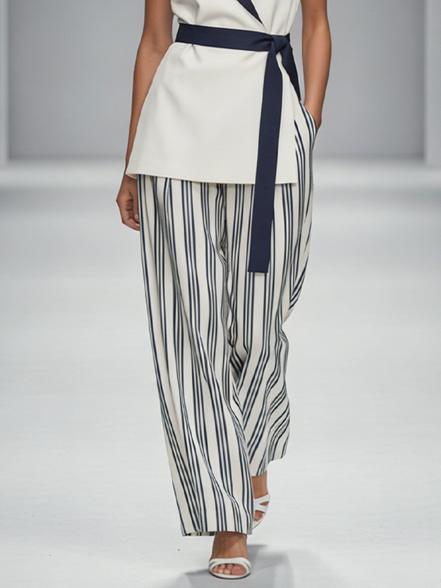 Women's White & Navy Two-Piece Set With Sleeveless Lapel Wrap Top & Striped Wide-Leg Pants, Timeless Minimalist-Chic Style Set