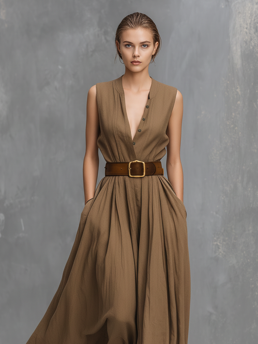 Women's Casual Khaki Cotton-Linen Sleeveless Maxi Dress With Round Neck (Belt Not Included)
