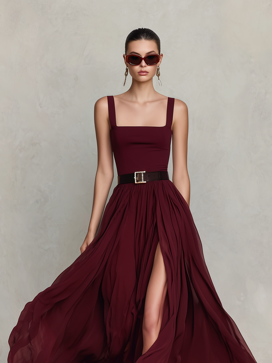 Women's Elegant Burgundy Chiffon Square-Neck Sleeveless Maxi Dress (Belt Not Included)