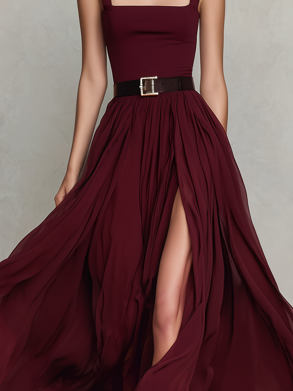 Women's Elegant Burgundy Chiffon Square-Neck Sleeveless Maxi Dress (Belt Not Included)