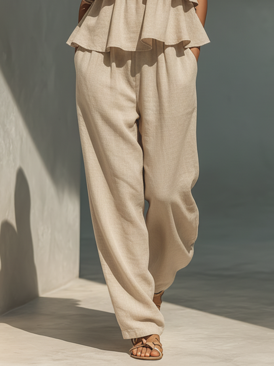 Women’s Beige Linen-Blend Spaghetti Strap Tiered Ruffle Wide-Leg Jumpsuit