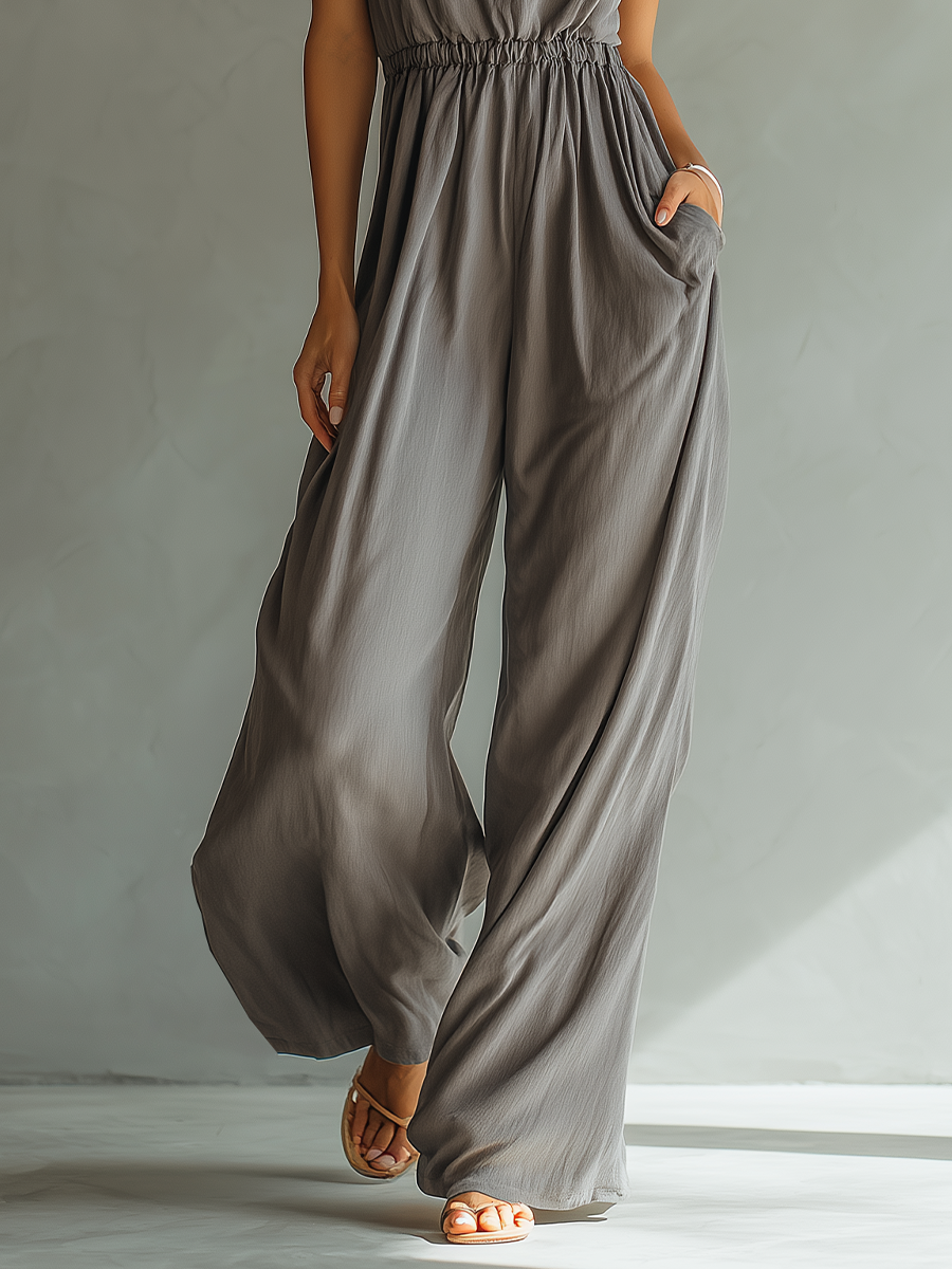 Women’s Charcoal Gray Linen-Blend Spaghetti Strap V-Neck Smocked Waist Wide-Leg Jumpsuit With Pockets