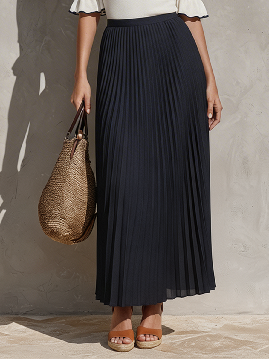 Women's White & Navy Two-Piece Set With Ruffle Collar Knit Top & Pleated Maxi Skirt, Contemporary Effortless-Resort Style Set