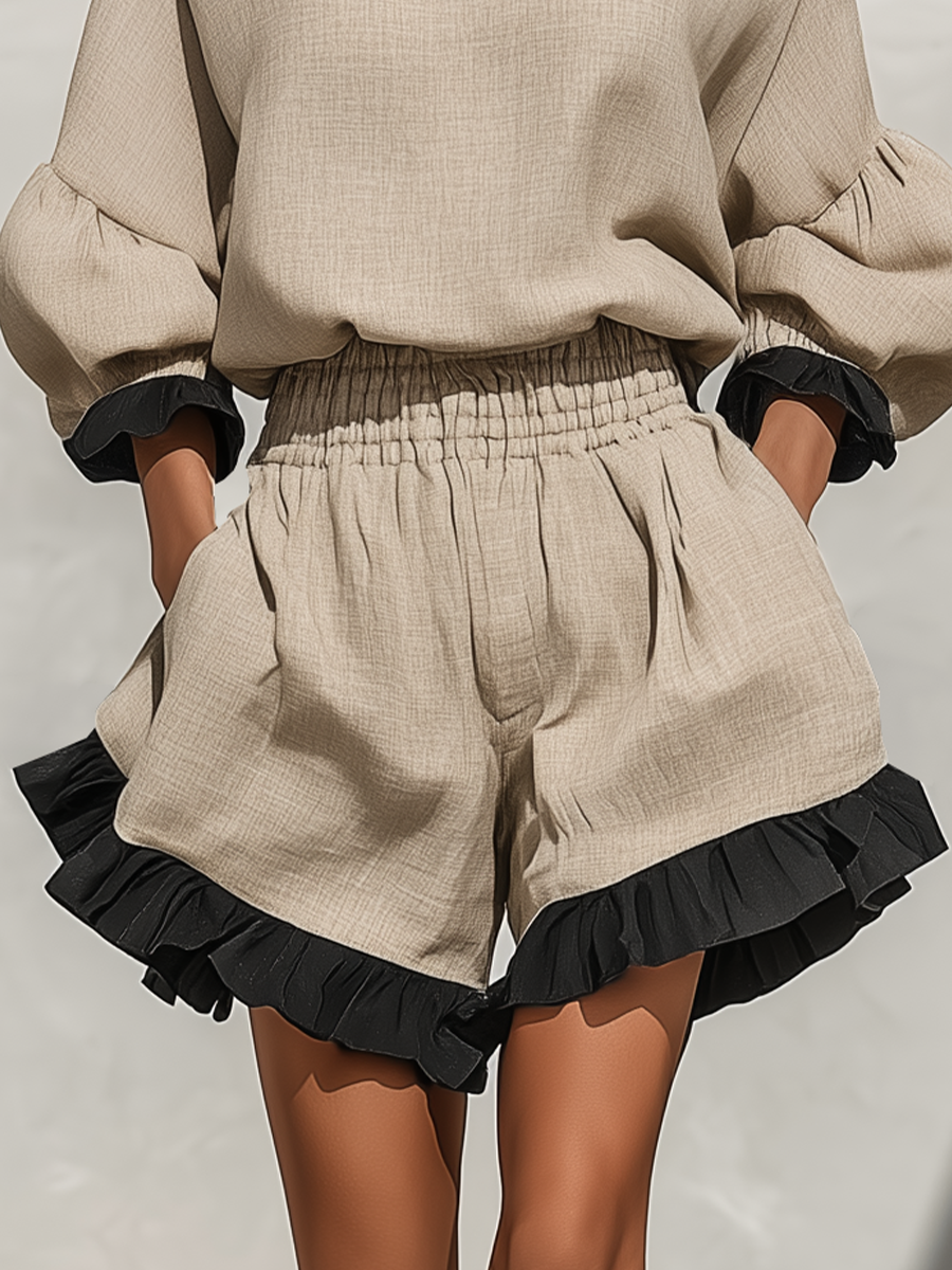 Women’s Beige Linen-Blend Contrast Ruffle Trim Long Sleeve Blouse & High-Waisted Ruffle Hem Shorts Two-Piece Set